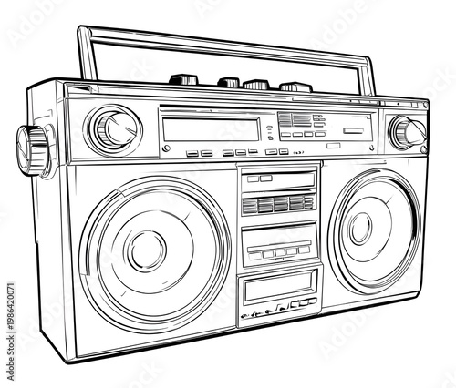Radio old-fashioned boombox with music coloring page.
