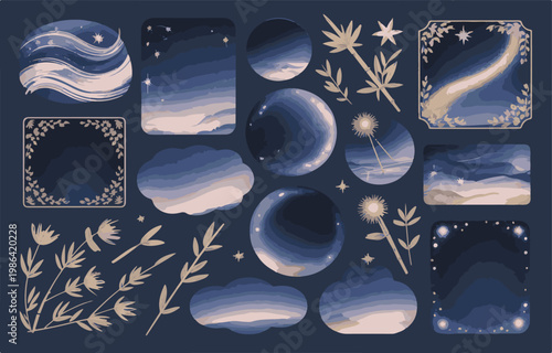 celestial objects and floral elements in soothing blue and beige tones.