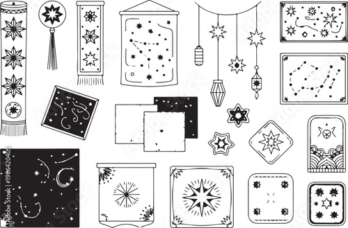 Mystical celestial map symbols with starry night sky astrology icons.