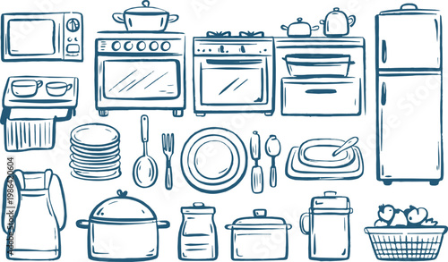 Kitchen appliances, cookware and utensils for cooking and dining.
