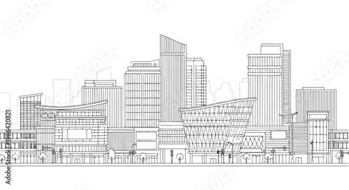 Perspective view of modern city skyscrapers