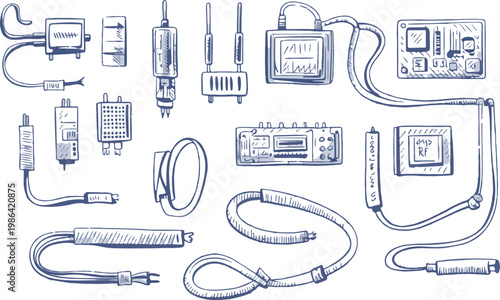 Abstract scientific and industrial mechanical components doodles.