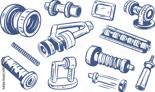 Abstract mechanical and industrial pipe fittings and components doodles.
