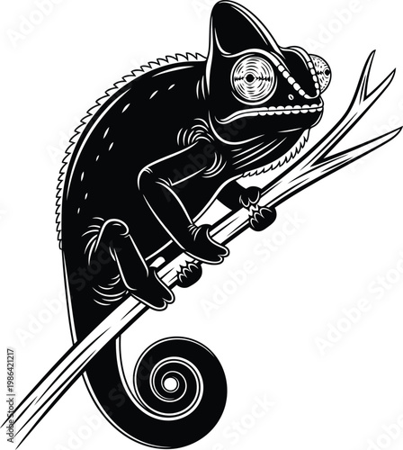 Black and white illustration of a chameleon perched on a tree branch.