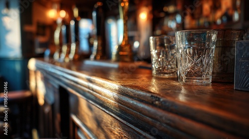 tavern. Detailed view of a classic bar counter with wood texture and ambient glow in a pub setting. bar promotions, beverage menus, designed for food & beverage menus and cafe branding.
