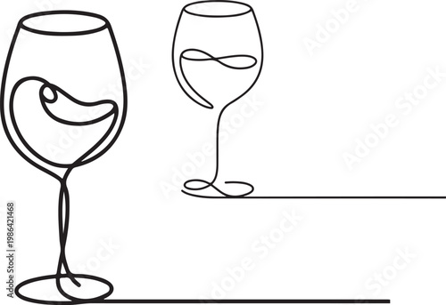 Continuous line art illustration of two wine glasses with wavy liquid.