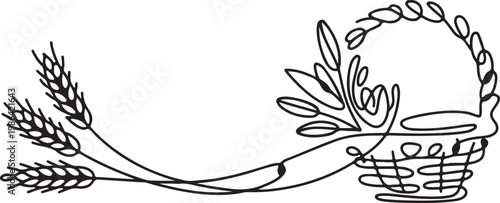 Continuous line art of wheat spikes and woven basket, harvest theme.