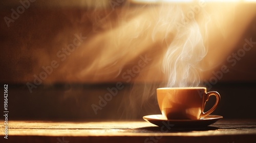 directional. Steaming coffee cup on a rustic wooden table, warm tones and soft bokeh creating a cozy atmosphere. bar promotions, beverage menus, designed for food & beverage menus and cafe branding.