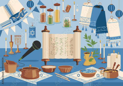 Jewish celebration table setting with Torah and ritual items.