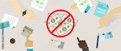 No dollar de-dollarisation economy with hands pointing to and rejecting physical dollar bills in favor of other currency alternative financial methods