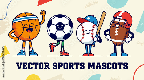 Cartoon sports mascots featuring a basketball soccer ball baseball with bat and football with helmet in a playful vector style illustration