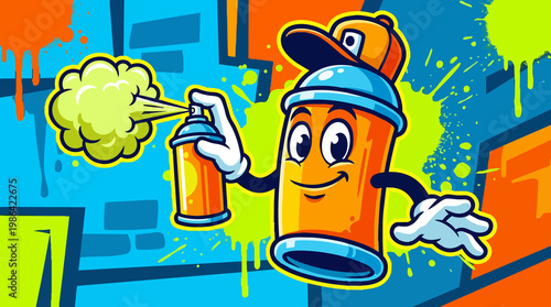 Cartoon spray paint can character with baseball cap spraying graffiti on a brick wall background in bright blue and orange colors
