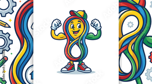 Cartoon strong eight figure character flexing muscles with cap and sneakers in fun vector illustration perfect for creative graphic design and vibrant mascot creation