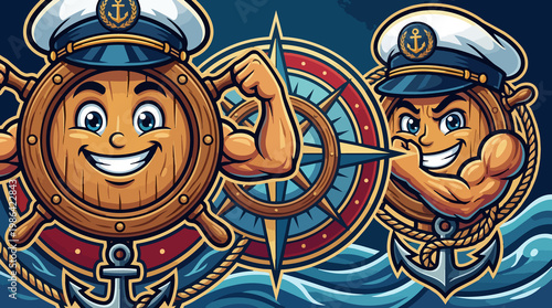 Cartoon steering wheel character flexing muscle with sailor hat and anchor nautical compass background humorous vector illustration