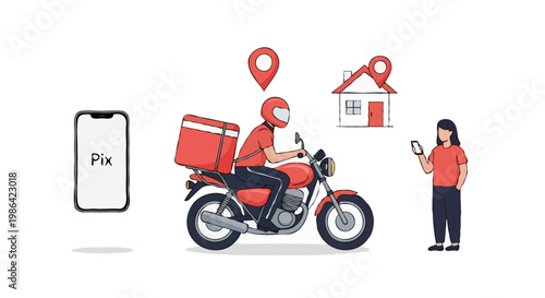 Delivery Motorcycle with Location Pin and House Icon — Home Delivery Service