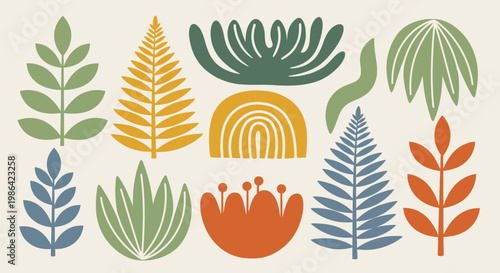 Whimsical Collection of Abstract Plant and Leaf Shapes with Rainbow Arch on a Light Neutral Background