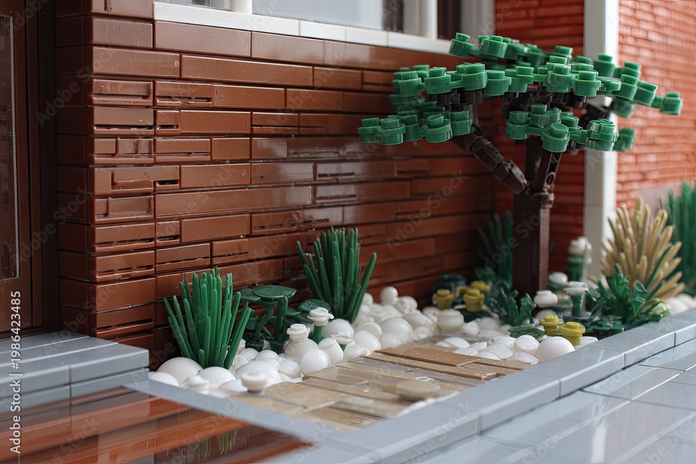 Fototapeta premium Miniature brick house facade with landscaping, featuring a tree, plants, and a walkway