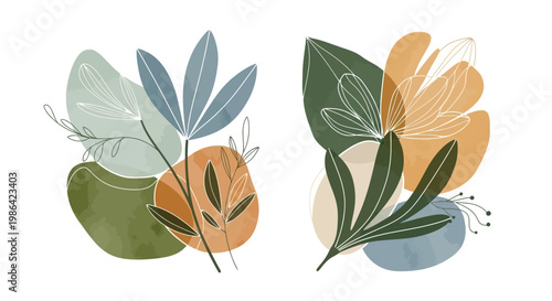 Calm Abstract Botanical Elements with Organic Shapes and Earthy Tones on Isolated White Background