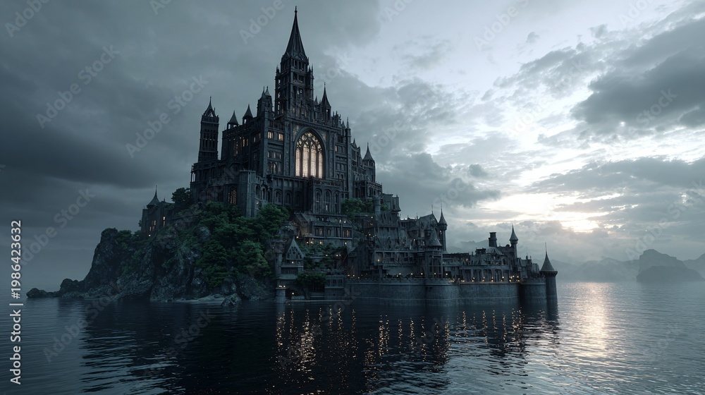 Fototapeta premium Majestic Gothic Castle on Island at Dusk, Dramatic Medieval Fortress Surrounded by Water with Towering Architecture and Moody Sky Reflection