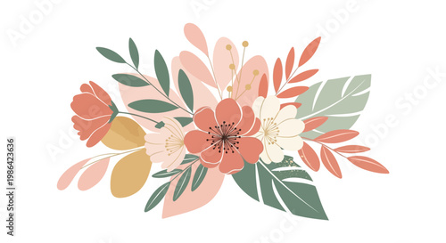Sweet compact floral arrangement with pastel-colored flowers and leaves, isolated white background.