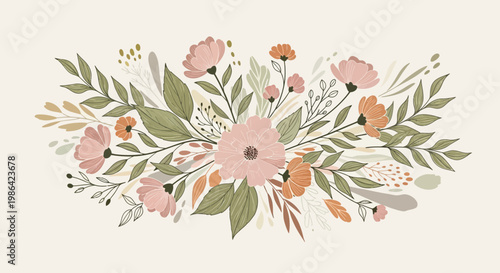 Gentle horizontal floral arrangement with soft pastel flowers and leaves on a light beige background, elegant design.