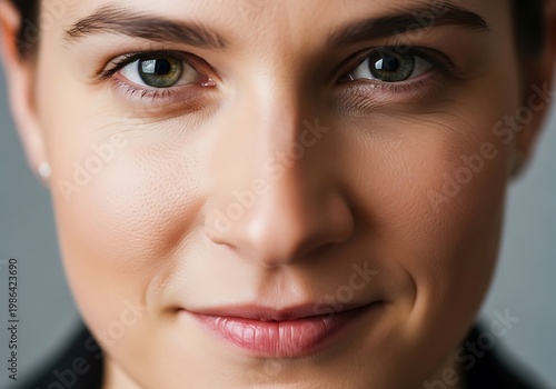 Close Up Woman Face with Soft Smile and Clear Skin