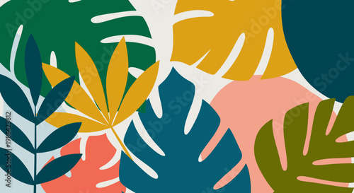 Modern Abstract Tropical Leaf Seamless Pattern in Bold Contrasting Colors on a Light Background