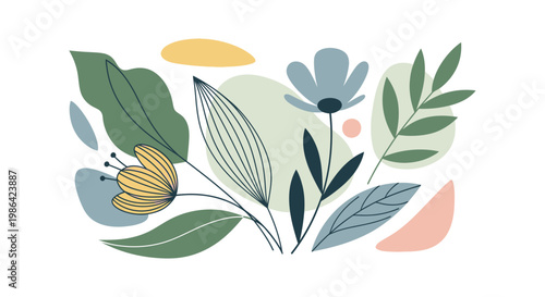 A colorful illustration of various leaves and flowers.