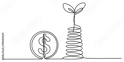 Принти на полотні A single continuous line drawing depicting a growing plant sprout emerging from