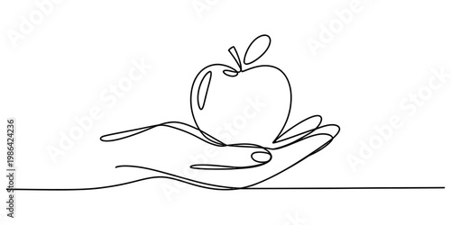 A minimalist single line drawing of an apple being held gently in an open human palm of a hand. Vector, illustration