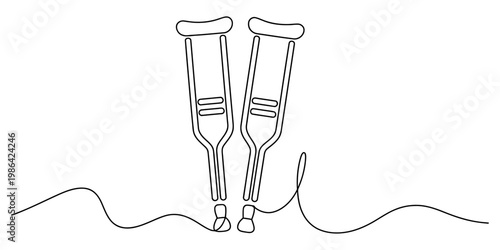 A single continuous line drawing of a pair of medical crutches for physical injury recovery aid Vector, illustration