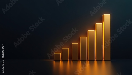 Dark navy gradient background with glowing golden upward bar chart, clean copy space, high contrast, commercial advertising style.
