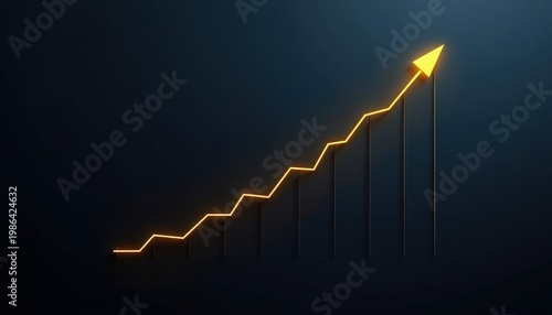 Dark navy gradient background with glowing golden upward bar chart, clean copy space, high contrast, commercial advertising style.