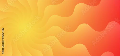 Yellow Sun Rays Summer Background. Abstract Vector Sunburst Pattern with Gradient. Vintage Groovy Sunshine Texture. Orange Funky Wavy Rays with Color Gradation.