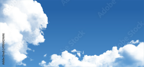 Blue Sky Background with White Halftone Clouds Pattern. Vector Half-Tone Pattern with Realistic Texture Creates a Dreamy Atmosphere Perfect for Digital Design Projects.