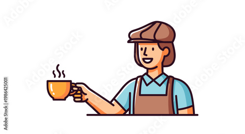 Cartoon man holding coffee cup.