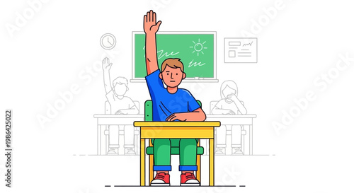 Boy raising hand in classroom setting.