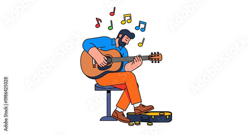 Man playing acoustic guitar sitting down.