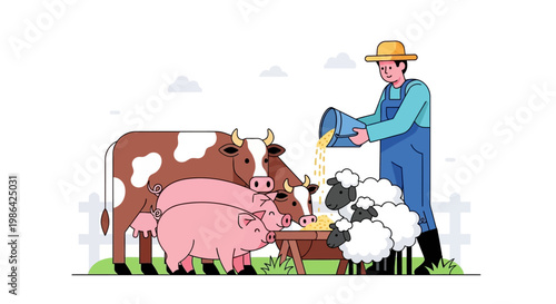 Man feeding farm animals outdoors.