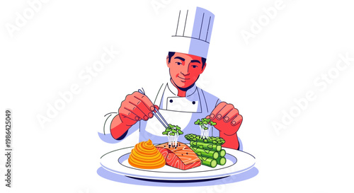 Smiling chef preparing a meal plate.