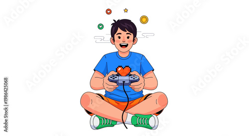 Young boy playing video games sitting.