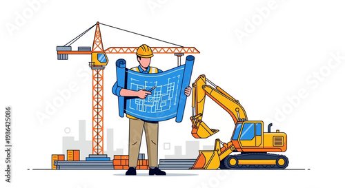 Man holding construction blueprint standing outdoors.