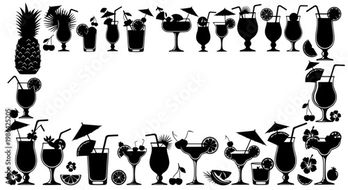 Cocktails and fruits arranged on a decorative border