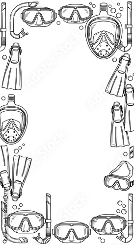 Scuba divers wear gear underwater with masks and flippers on.