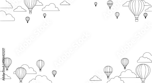 Hot air balloons float gently amidst fluffy clouds in a serene sky scene.