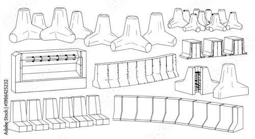 Various industrial parts and components are arranged for assembly.