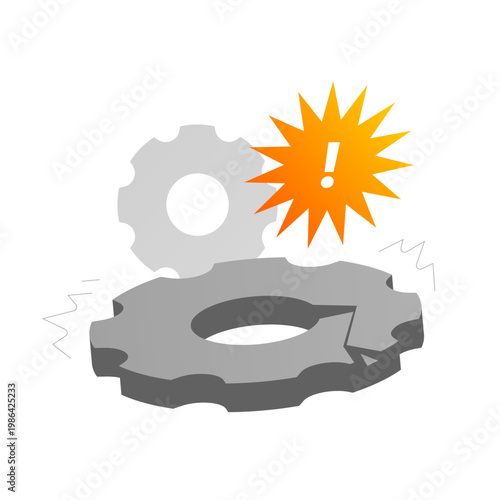 Broken falling gear. system failure, mechanical breakdown, operational disruption. Concept of error, crisis, risk, malfunction in industrial, technological, business processes. vector illustration