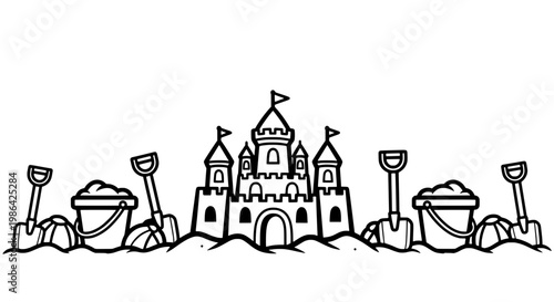 A large sandcastle stands on beach with buckets and shovels around it.