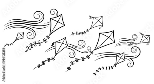 Kites fly high in the air with swirling wind and decorative tails.