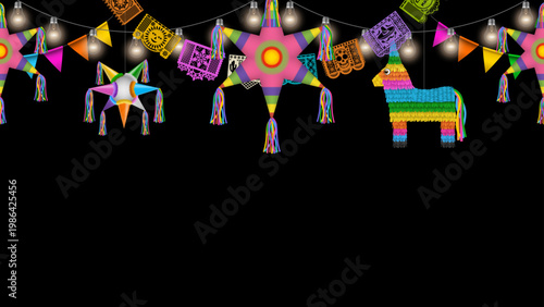 cinco de mayo seamless banner with colorful pennants, papel picado, lightbulbs and pinatas. mexican party background with donkey pinata and star pinatas